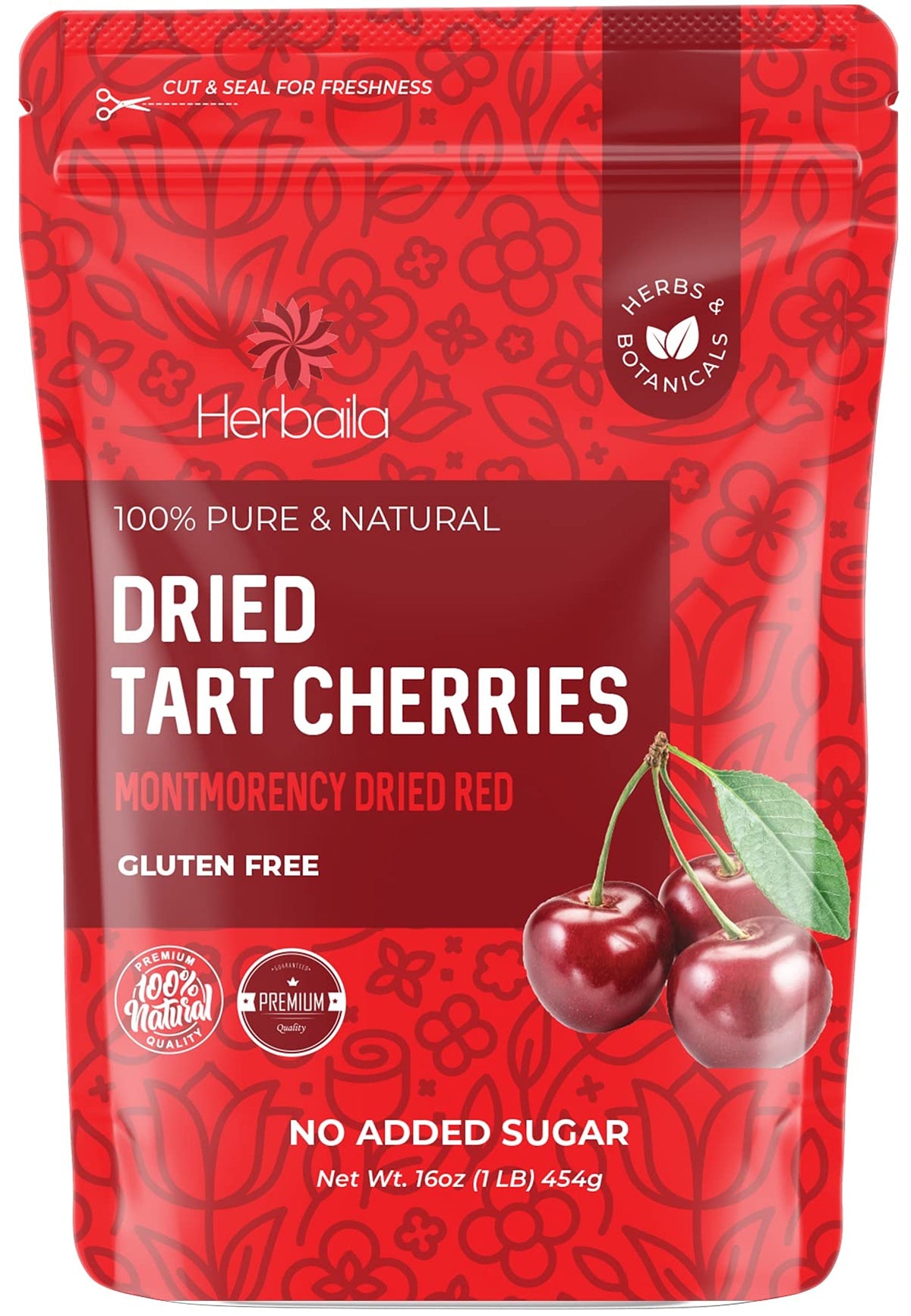 Herbaila paquete frontal de cerezas secas Montmorency listo para snack