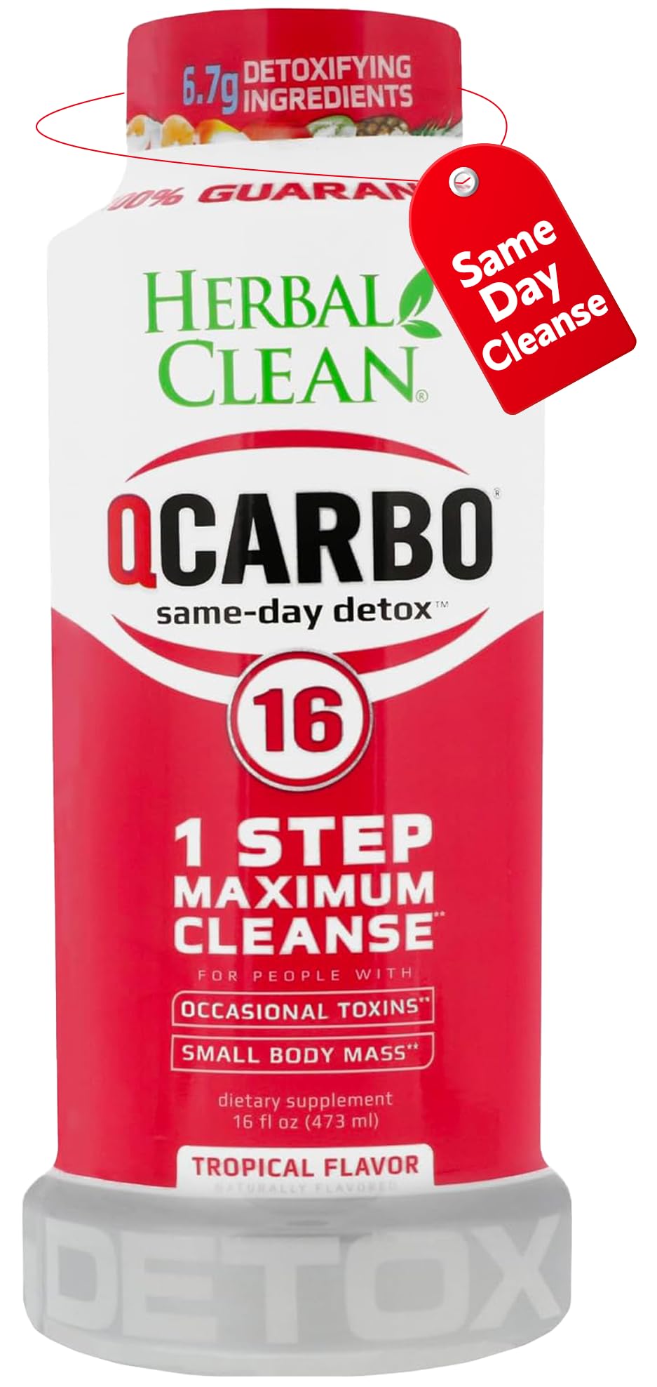 Herbal Clean Qcarbo16 frente del envase mostrando etiqueta y sabor tropical