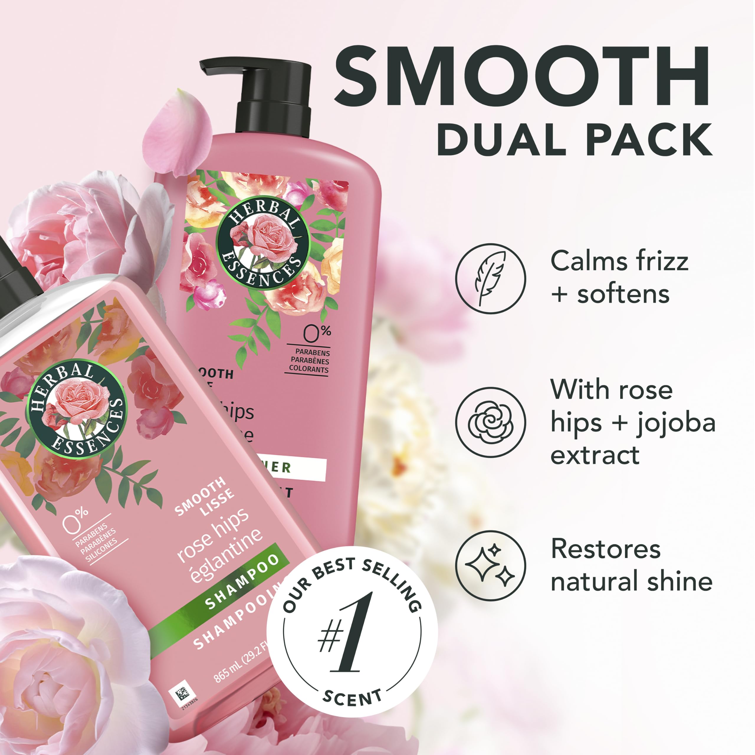 Herbal Essences etiqueta mostrando ingredientes y beneficios visibles