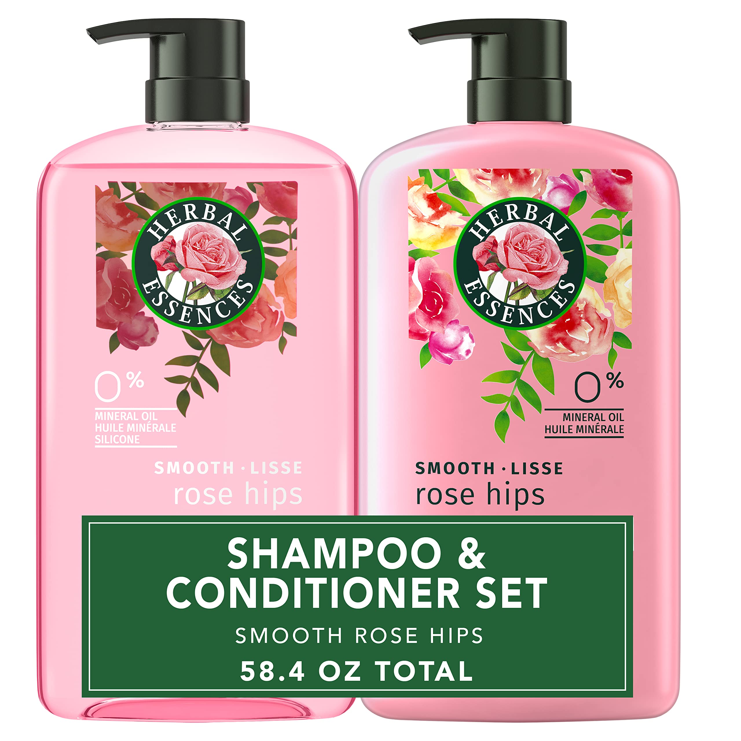 Herbal Essences set frontal mostrando botellas grandes y acabado suave