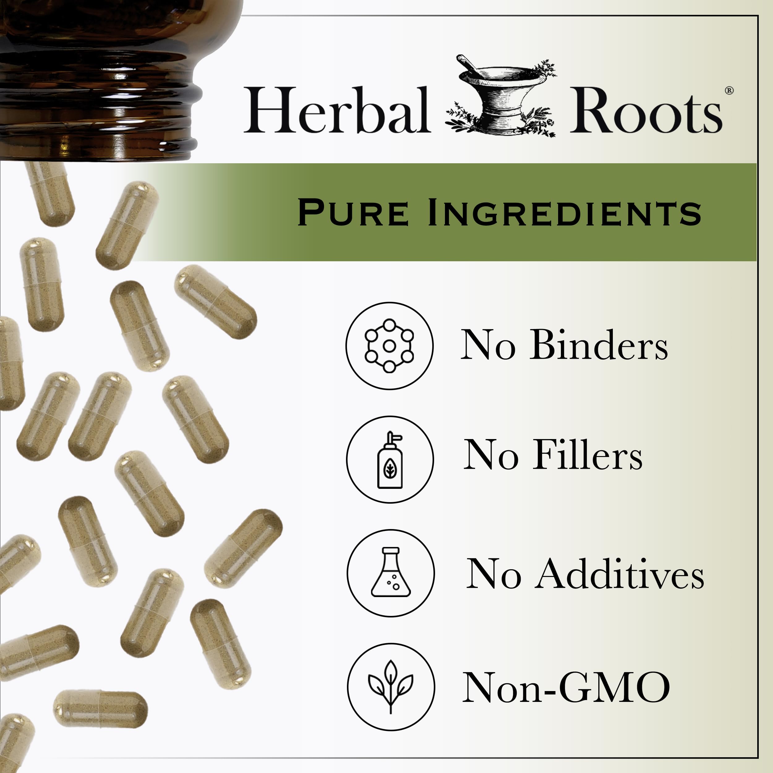 Herbal Roots comparación de tamaño de cápsula, demuestra fácil de tragar