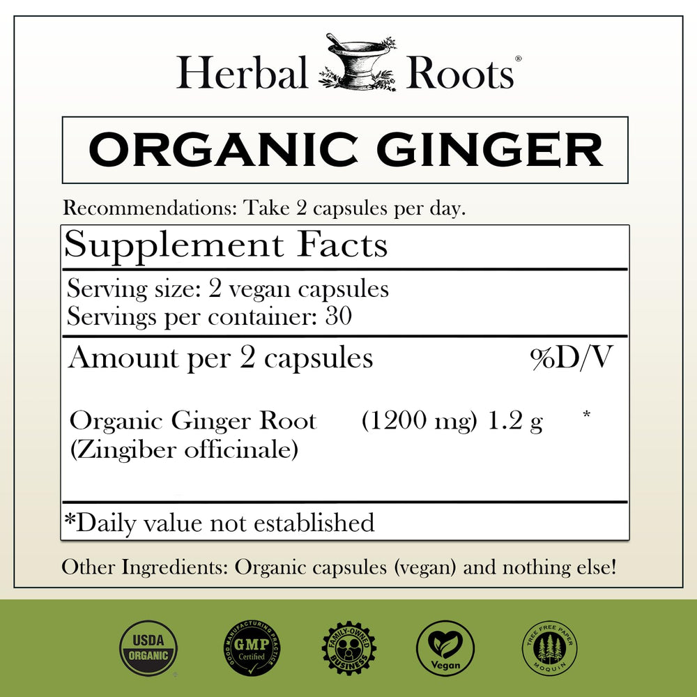 Herbal Roots primer plano de cápsula abierta y polvo fino, calidad pura