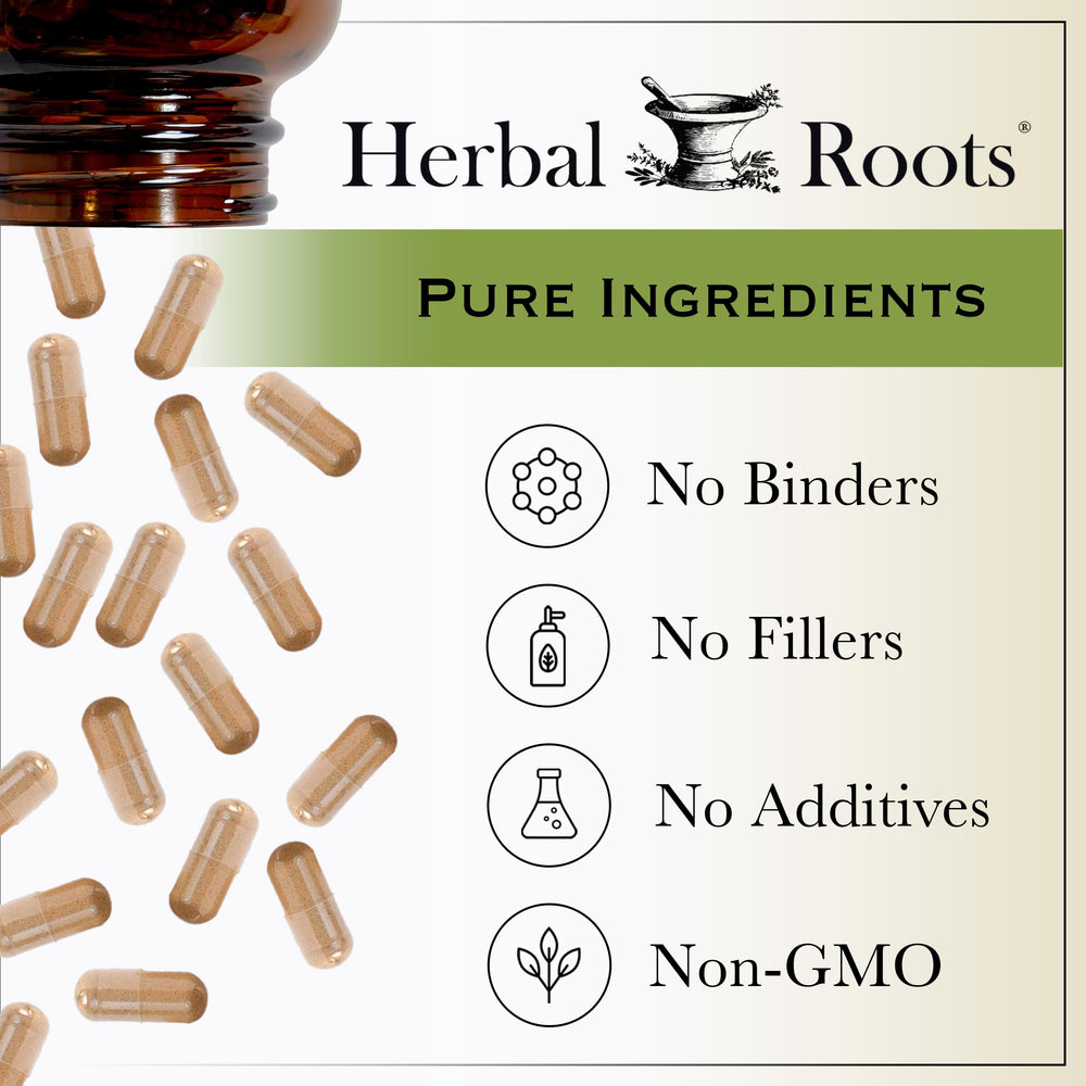 Herbal Roots frasco en mesa de desayuno saludable, sugiere integración en rutina diaria