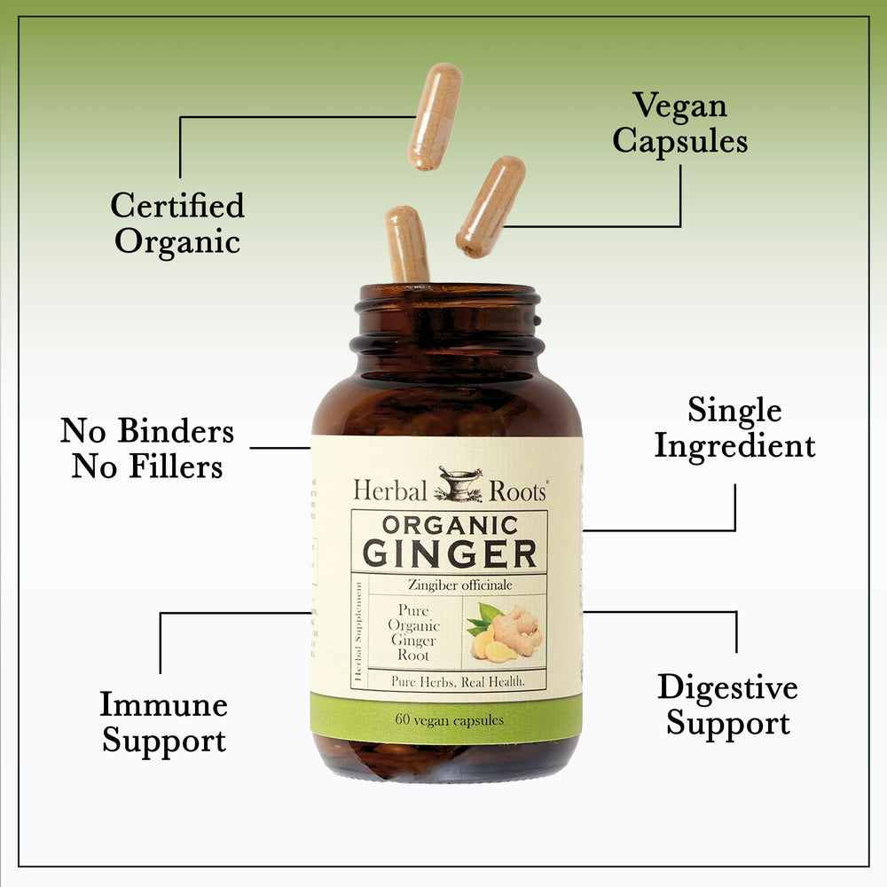 Herbal Roots etiqueta con sellos USDA Organic y cGMP, confianza acreditada