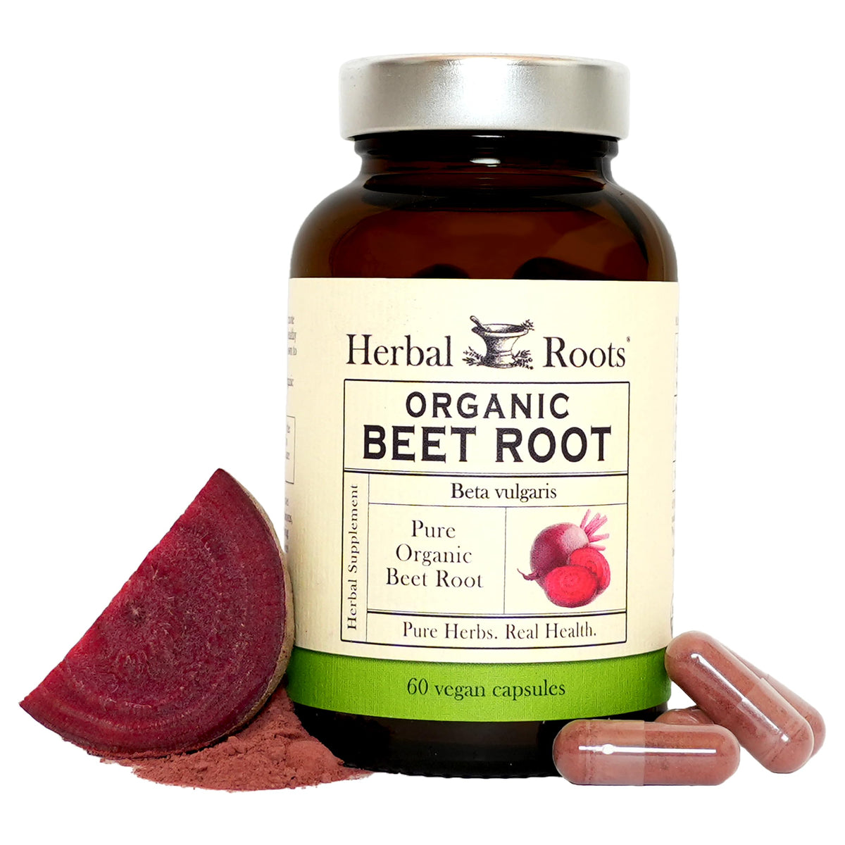 Herbal Roots frente del envase mostrando 60 cápsulas y sello orgánico