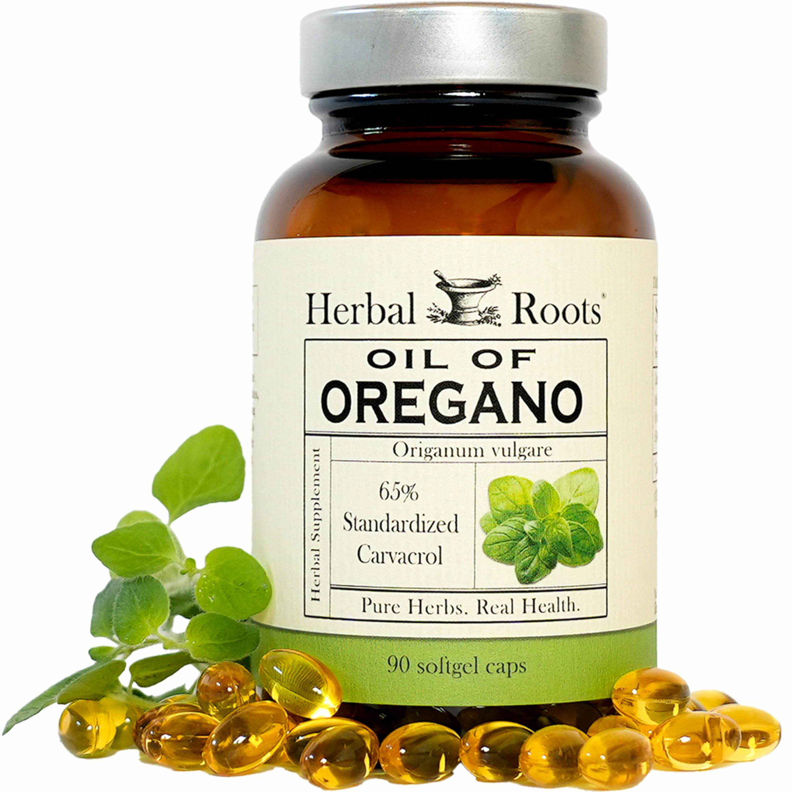 Herbal Roots envase frontal mostrando cápsulas y marca, confianza en calidad