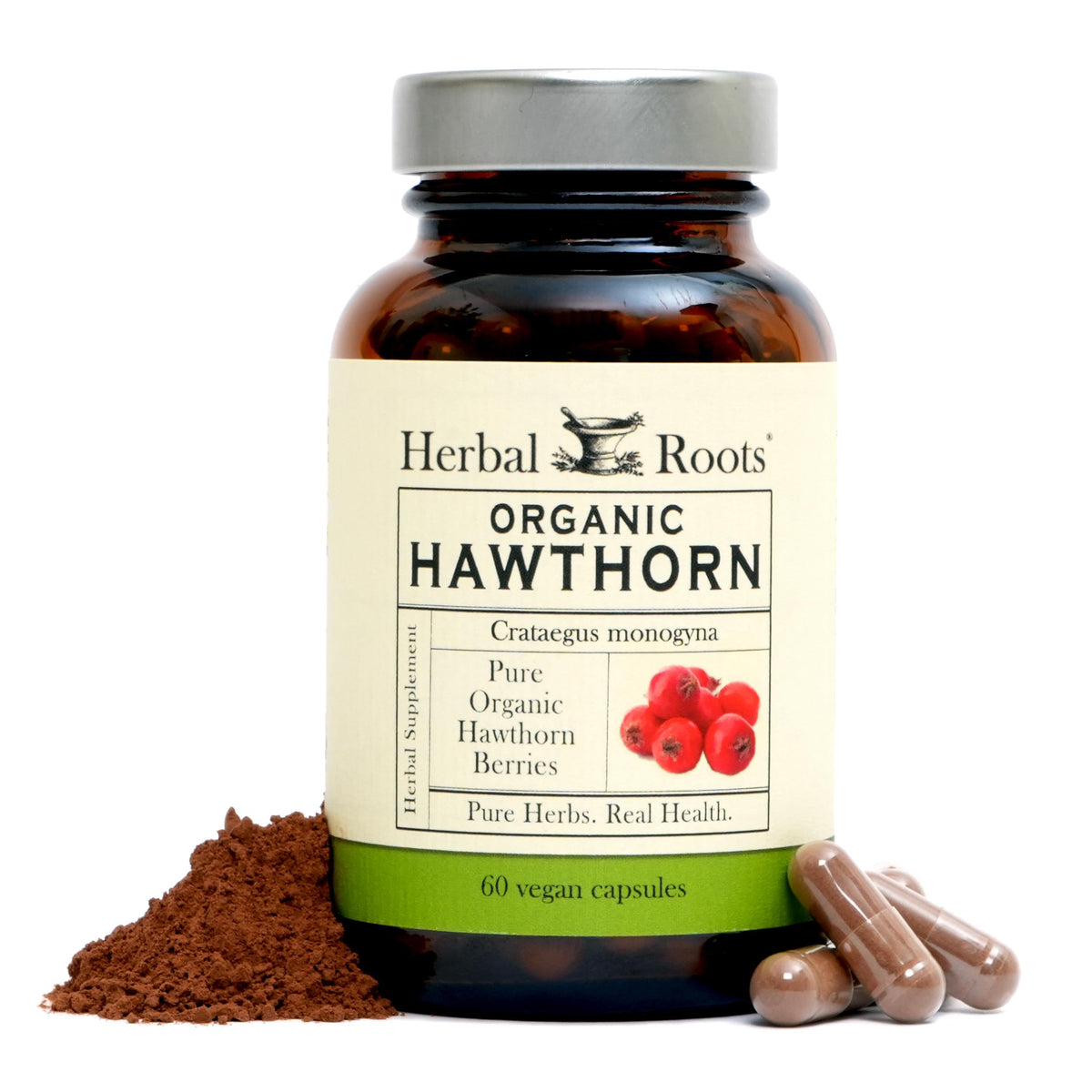 Herbal Roots frasco frontal mostrando diseño y dosis, ventaja de claridad informativa