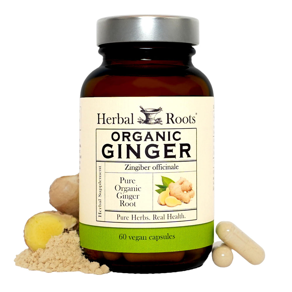 Herbal Roots envase frontal mostrando 60 cápsulas orgánicas para digestión