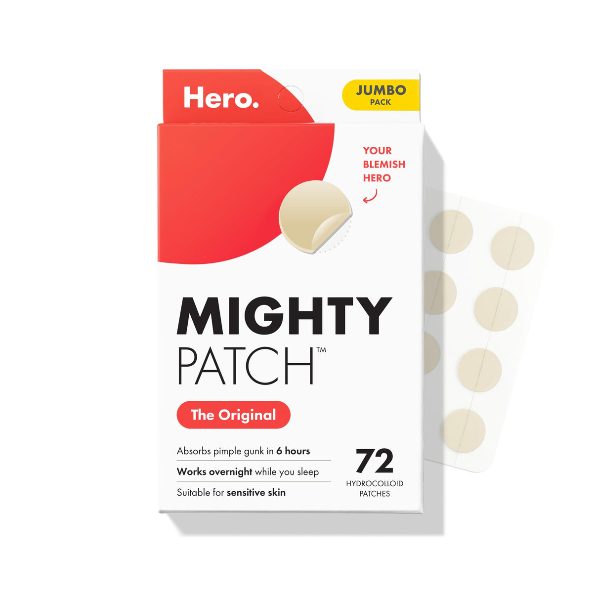 Hero Cosmetics empaque frontal mostrando la caja y cantidad 72 para cuidado puntual