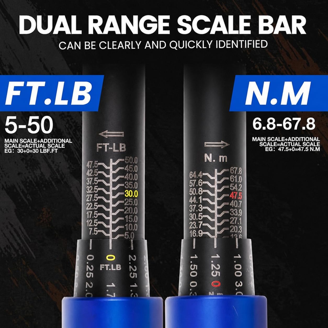 HERONIX acercamiento a la escala dual Ft-Lb y Nm que facilita lecturas rápidas