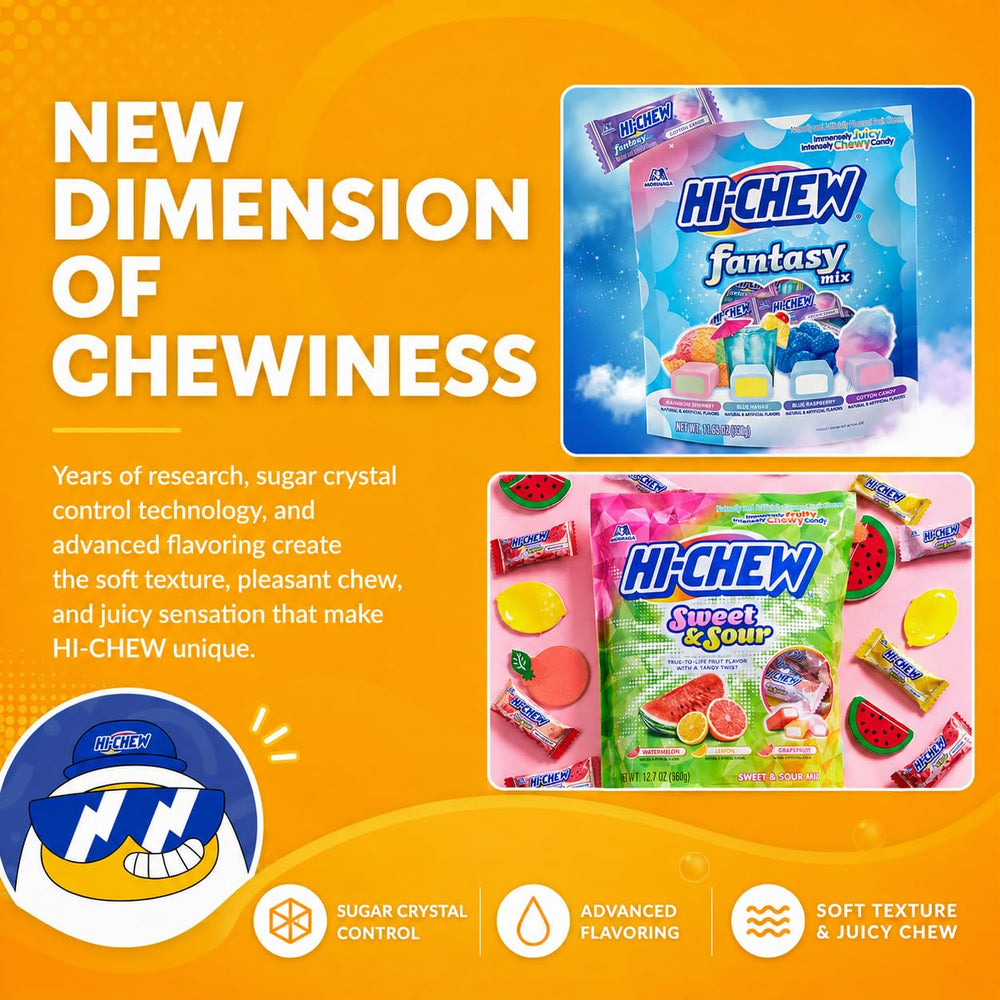 HI-CHEW caja abierta con seis bolsas mostrando almacenamiento práctico