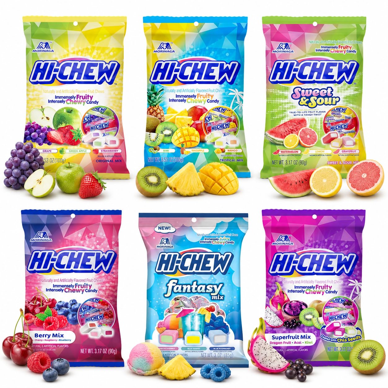 HI-CHEW vista frontal del paquete que muestra variedad y conveniencia