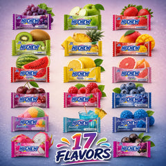 HI-CHEW surtido de caramelos sobre mesa mostrando los 17 sabores