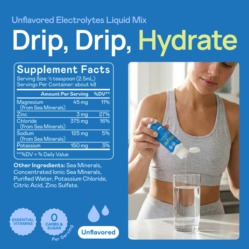 Hi-Lyte drops dispersing in a glass of water illustrating fast hydration and no-sugar mixing