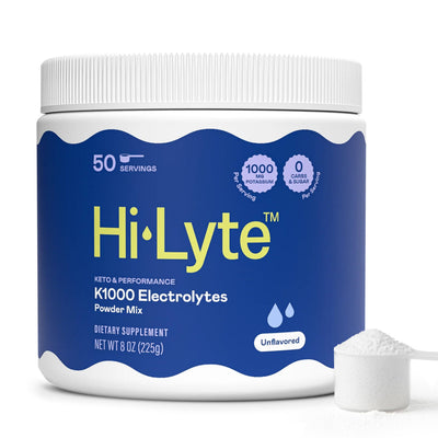 Hi-Lyte K1000 front packaging showing size and servings, clear product benefit