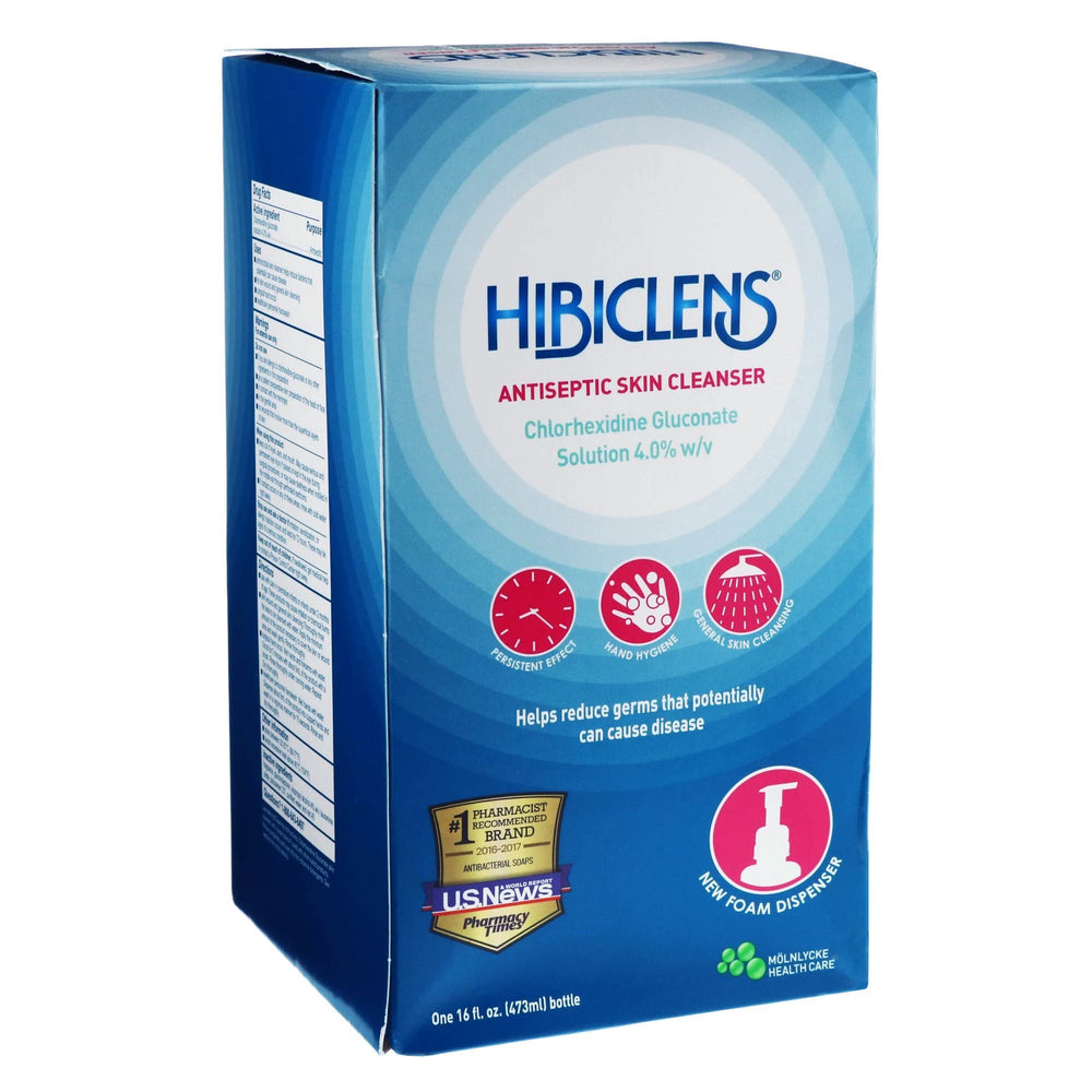 Comparación de tamaño Hibiclens 16 oz junto a objetos para referencia de escala