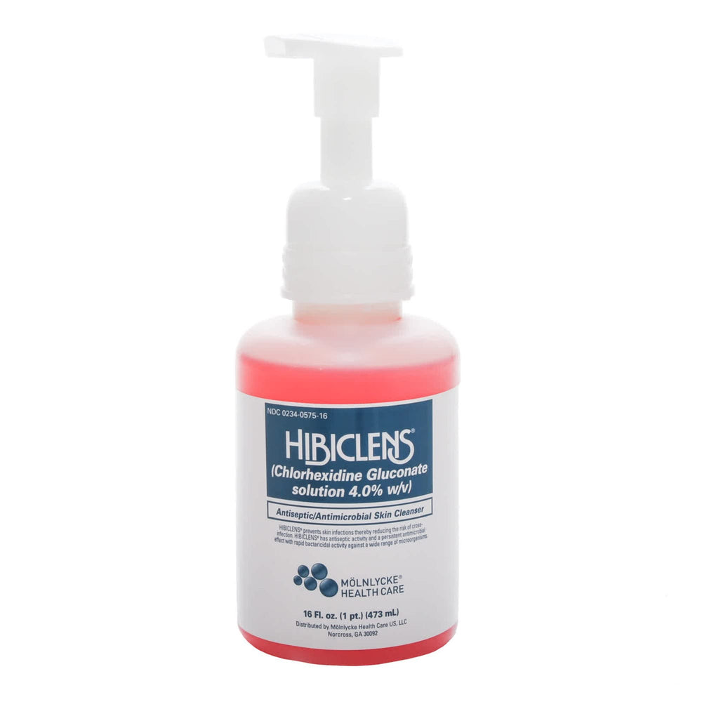 Hibiclens envase frontal con bomba mostrando presentación de 16 oz y uso profesional