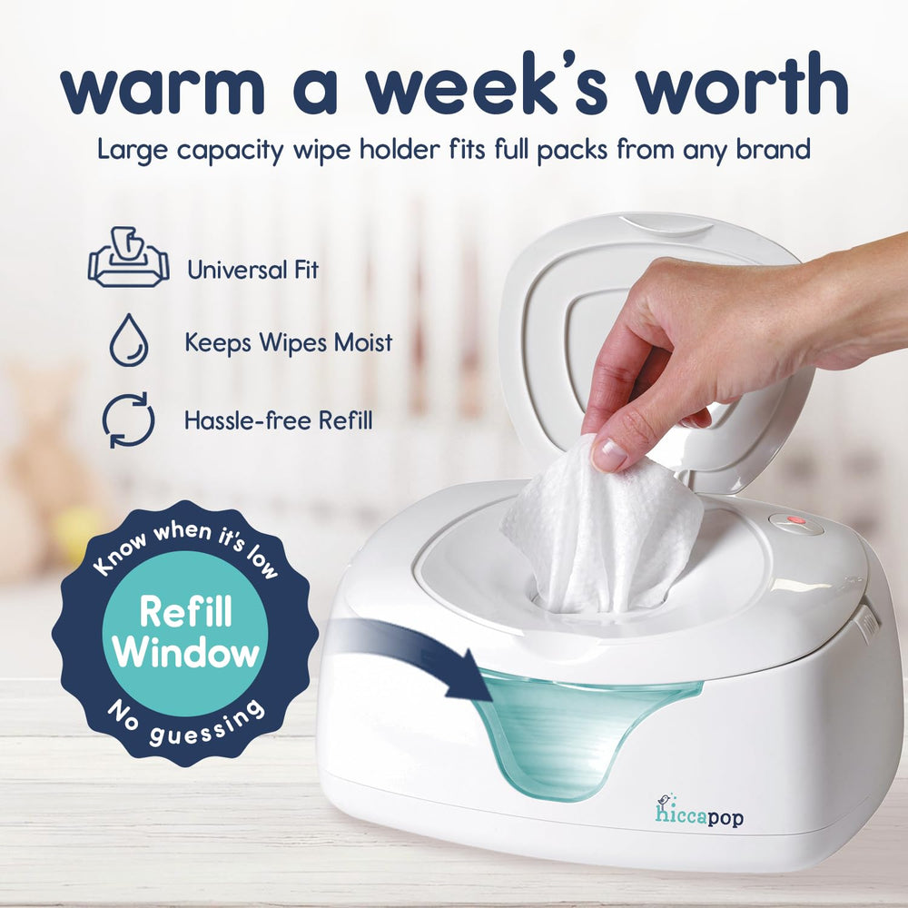 Hiccapop open lid revealing stacked wipes for quick single-handed pulls