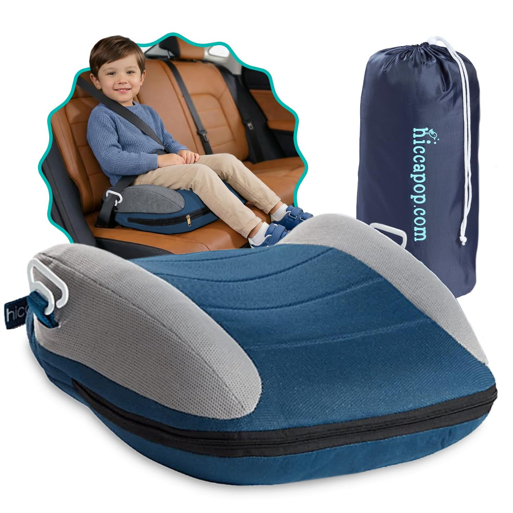 Hiccapop UberBoost vista frontal mostrando diseño compacto y colores navy/gray, fácil transporte