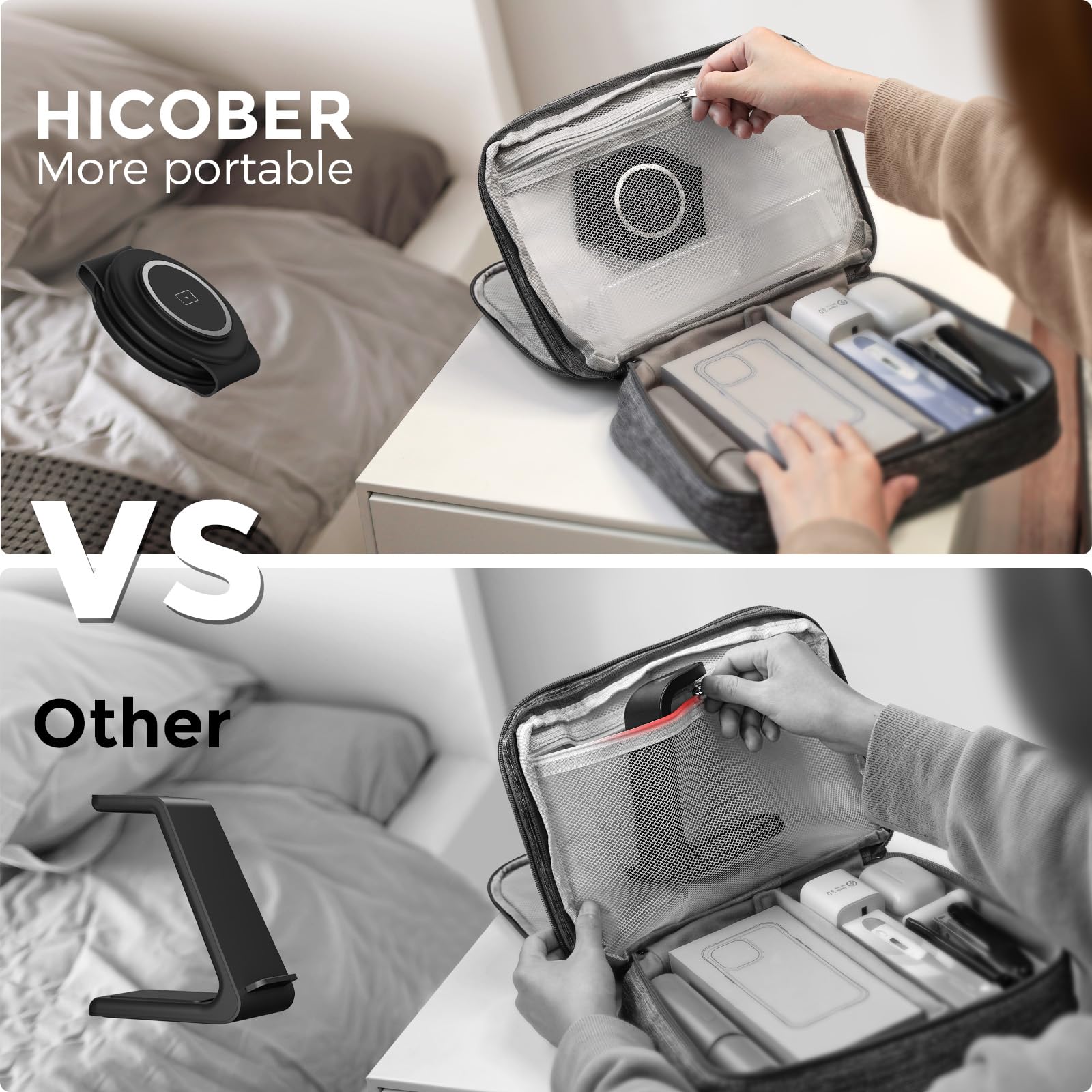 Hicober comparación de tamaño junto a un iPhone para referencia de escala