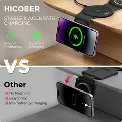 Hicober base en mesa de noche cargando iPhone, Apple Watch y AirPods simultáneamente