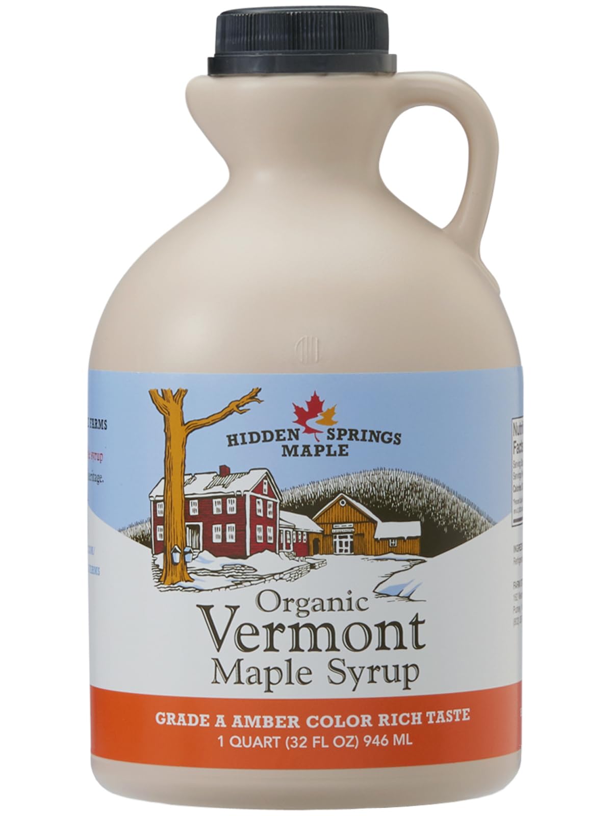 Hidden Springs Maple jarra frontal mostrando etiqueta y tamaño 32 oz, fácil de verter