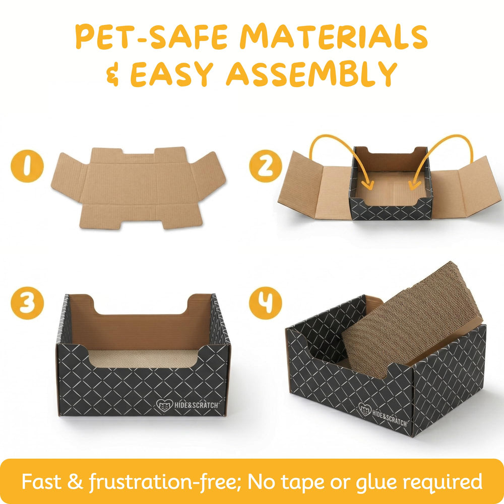 Hide & Scratch etiqueta que indica materiales a base de plantas y seguridad felina
