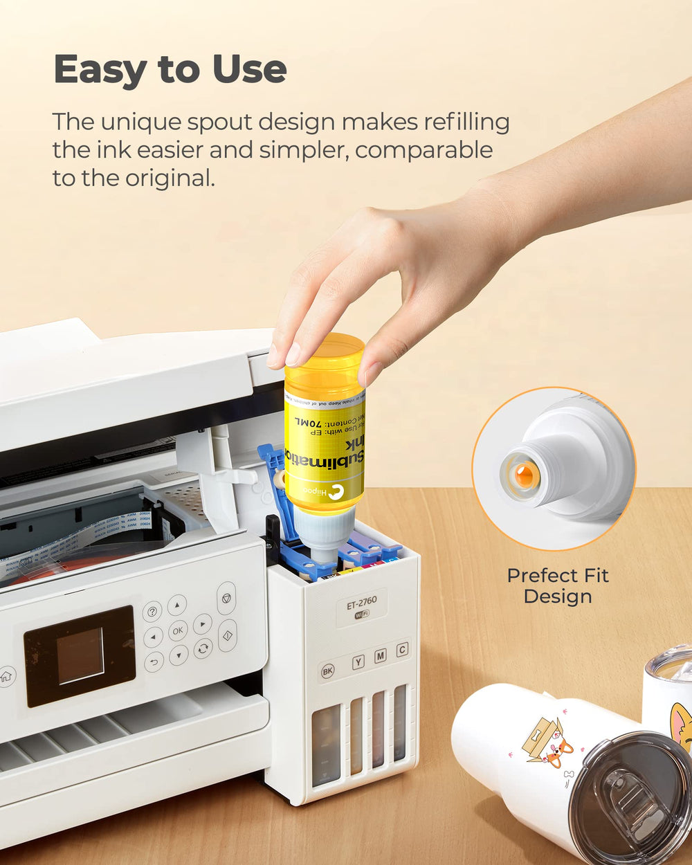 Hiipoo ink being poured into a printer tank demonstrating mess-free refill benefit