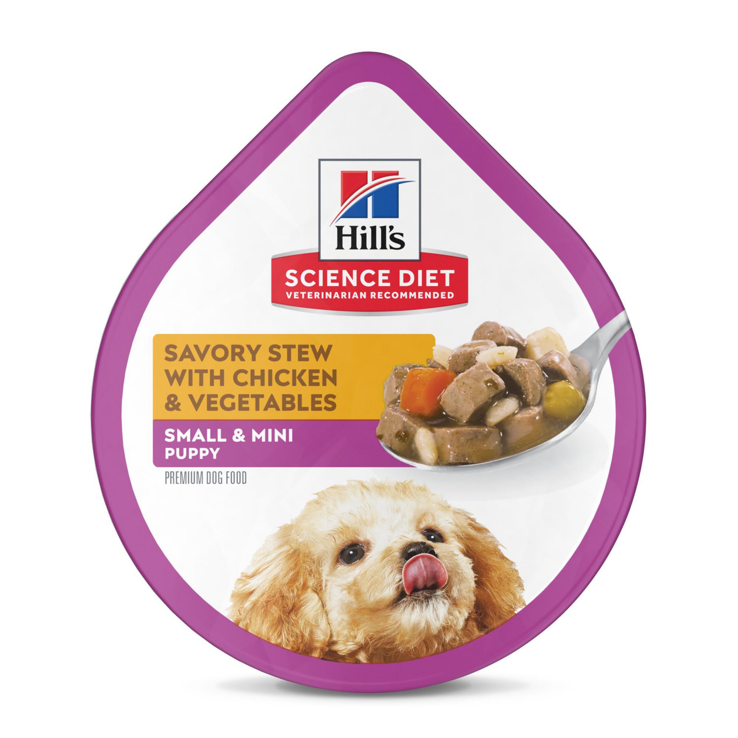 Hill's Science Diet lata frontal mostrando la receta pollo y verduras para cachorros, conveniente y equilibrada