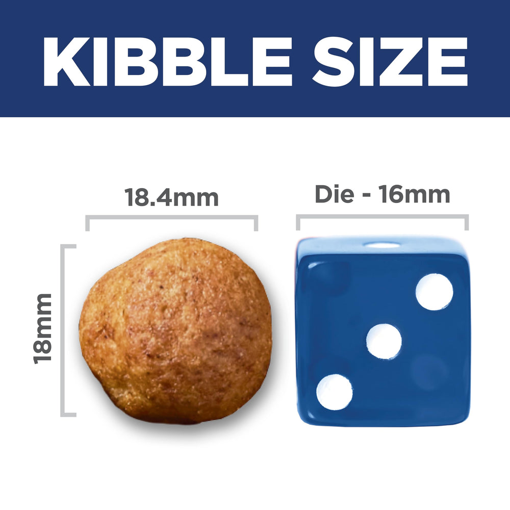 Hill's Science Diet croqueta junto a regla para comparar tamaño