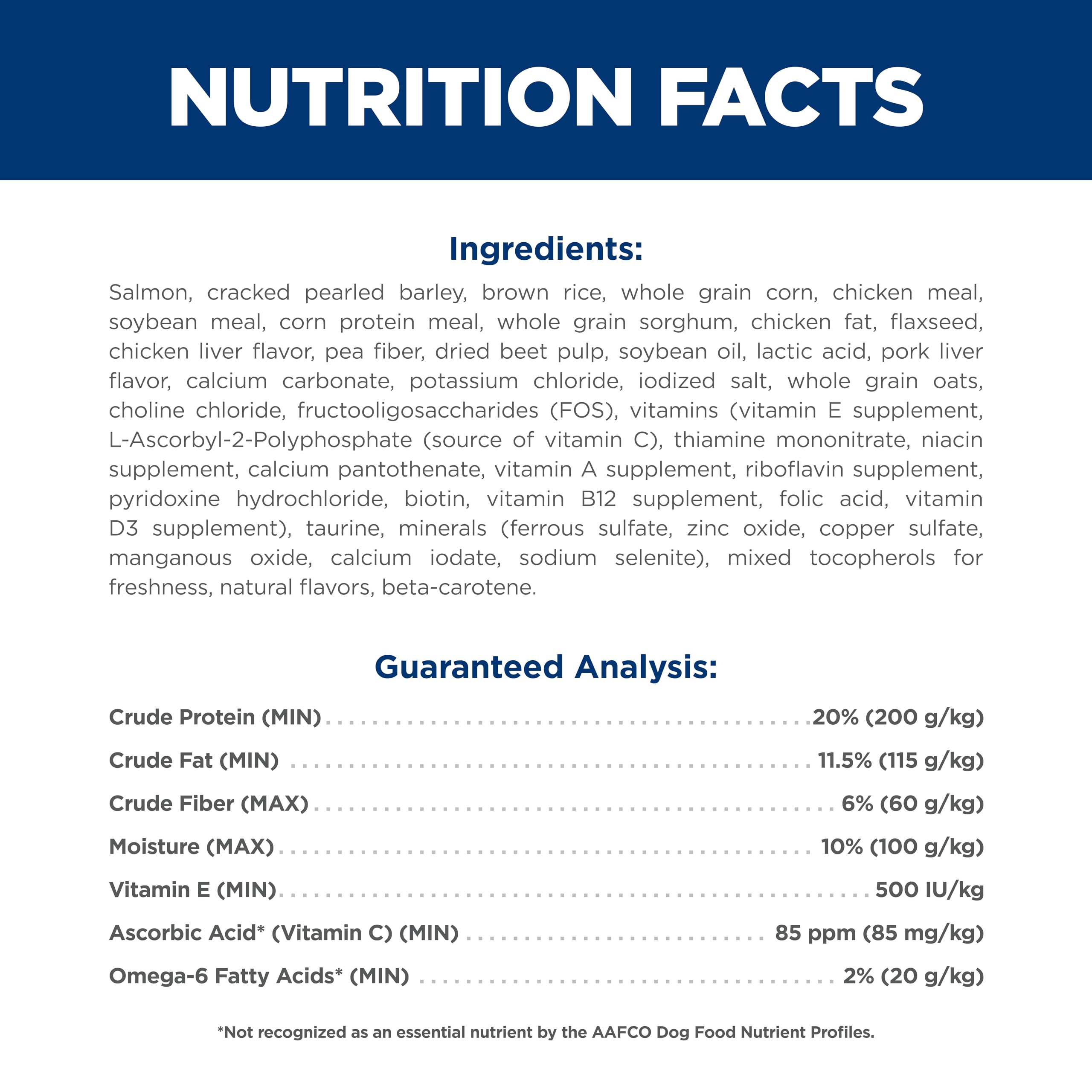 Hill's Science Diet etiqueta nutricional en detalle que muestra ingredientes clave