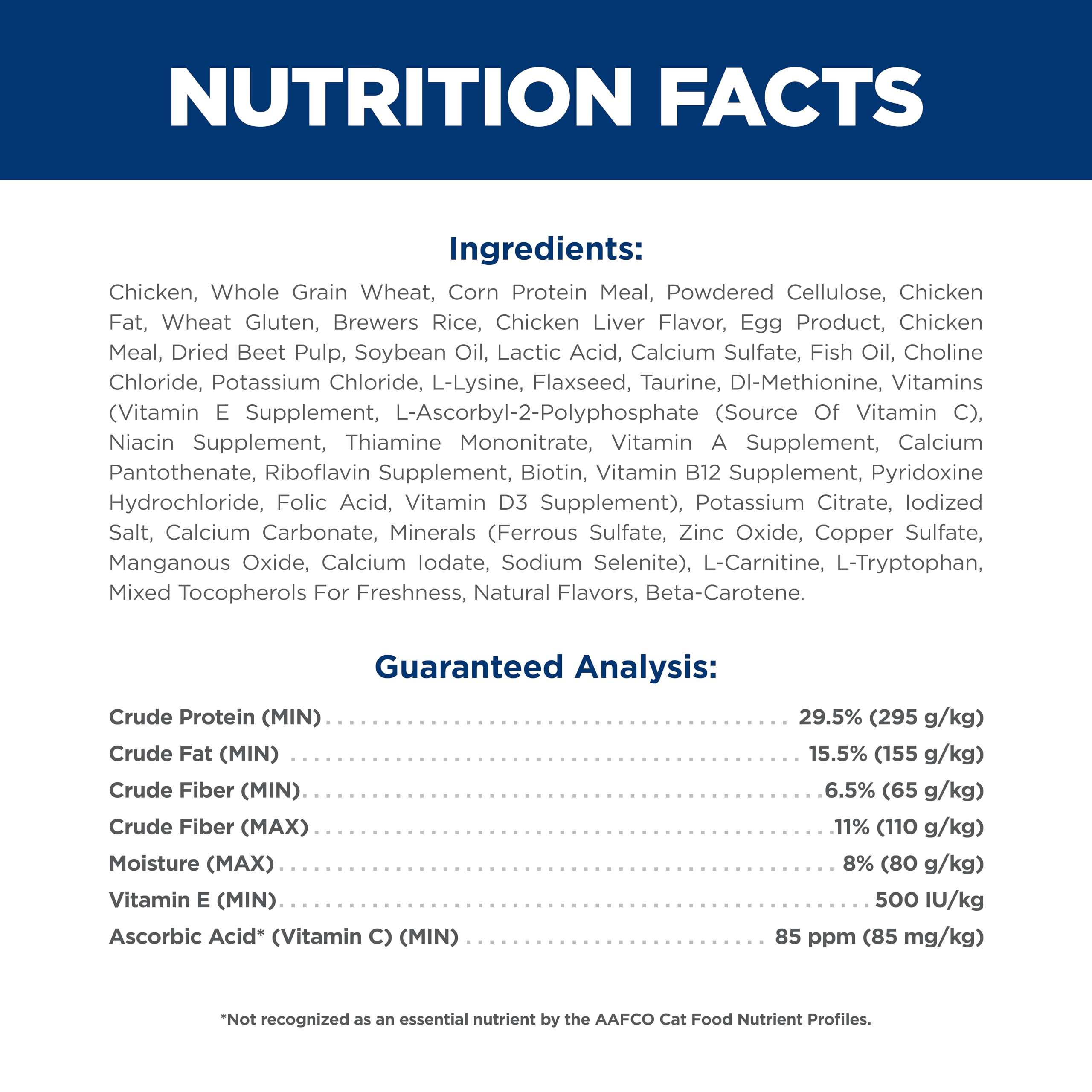 Hill's Science Diet etiqueta nutricional detalla vitaminas y minerales añadidos para gatos