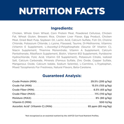 Hill's Science Diet etiqueta nutricional detalla vitaminas y minerales añadidos para gatos
