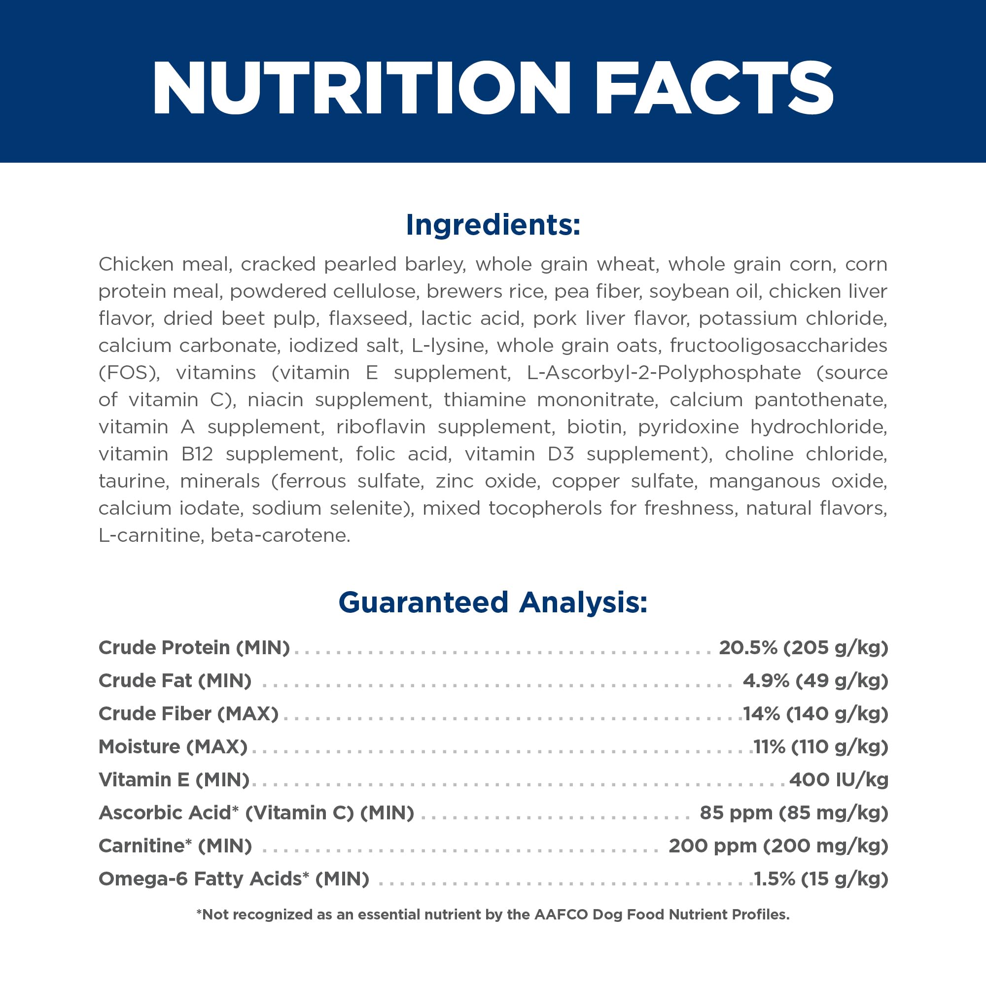 Hill's Science Diet nutrition label close-up showing guaranteed analysis and nutrients