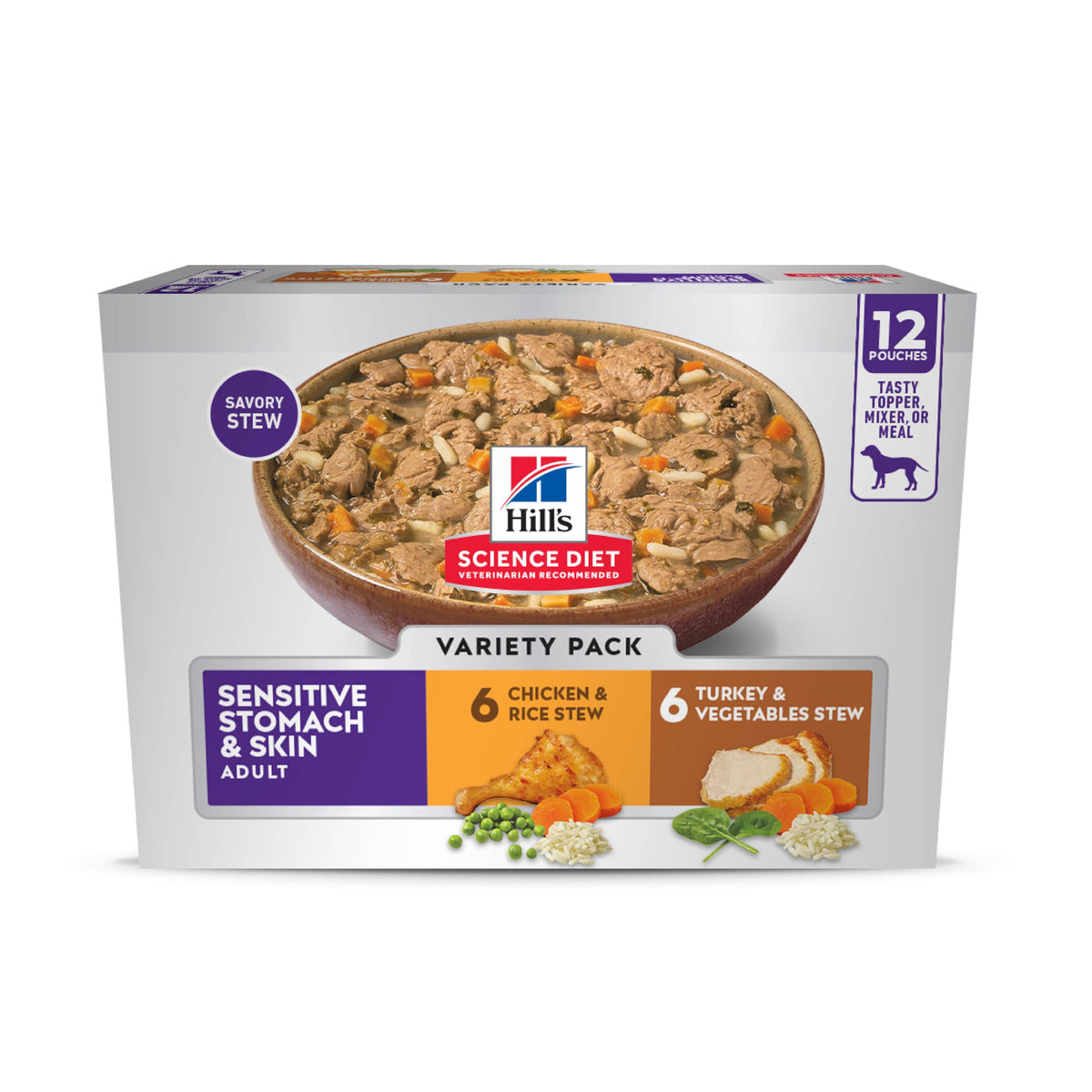 Hill's Science Diet frontal del paquete variado mostrando latas y beneficios