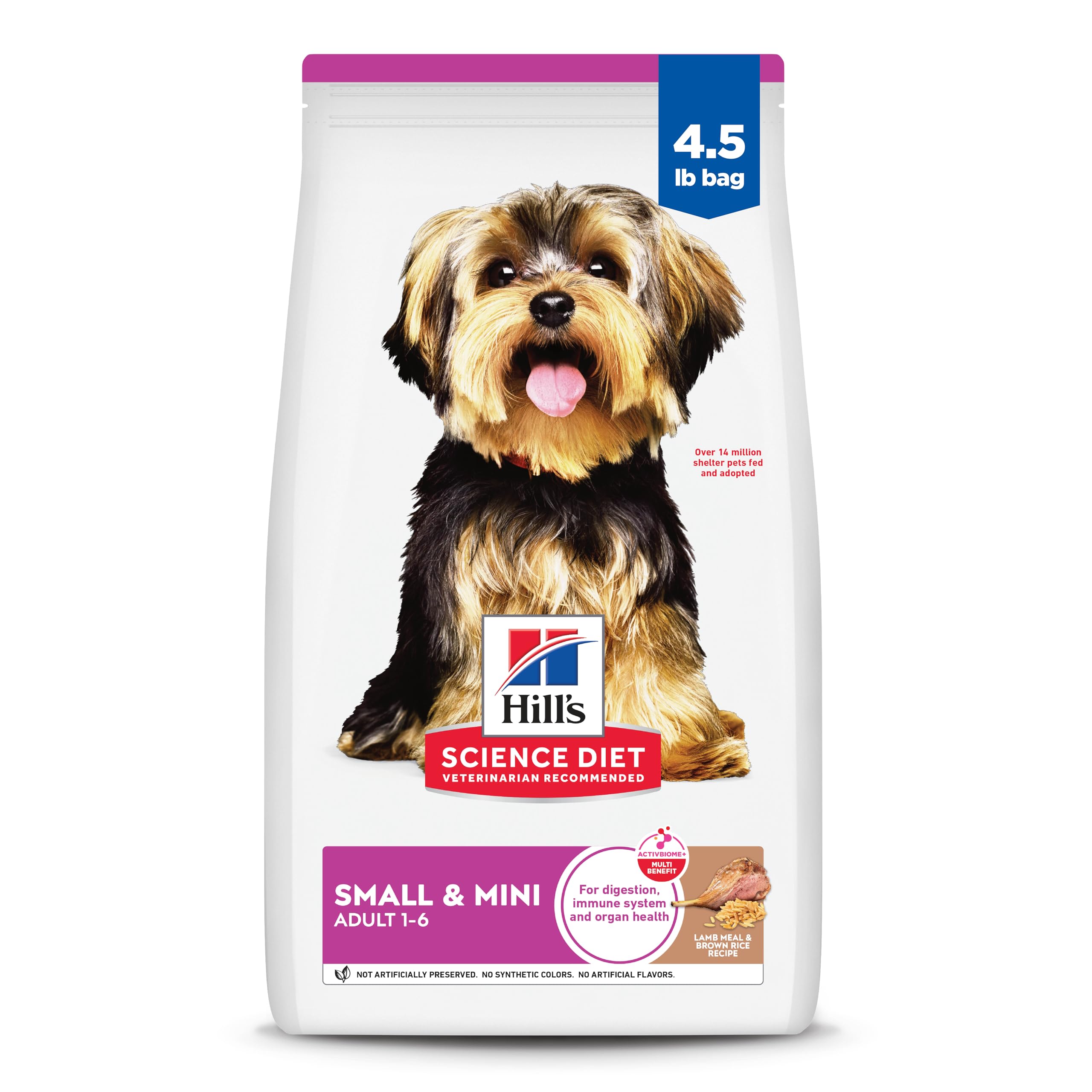 Hill's Science Diet paquete frontal mostrando la fórmula Small & Mini y beneficios