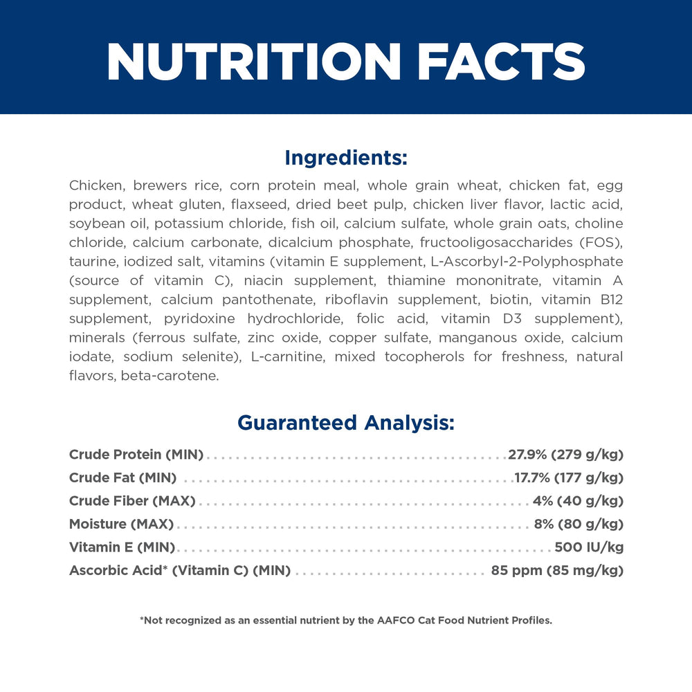 Lateral del empaque Hill's Science Diet Senior 11+ con información nutricional
