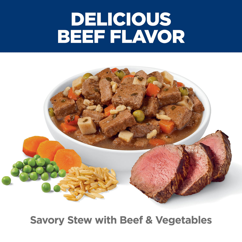 Bowl of Hill's Science Diet savory stew served to a dog emphasizing mealtime enjoyment