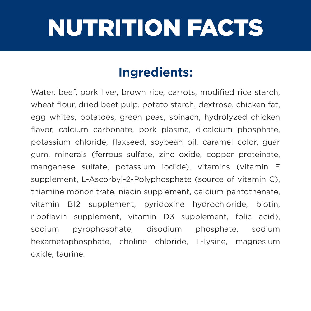 Brown rice and vegetable ingredients beside can showing Hill's Science Diet digestible carbs