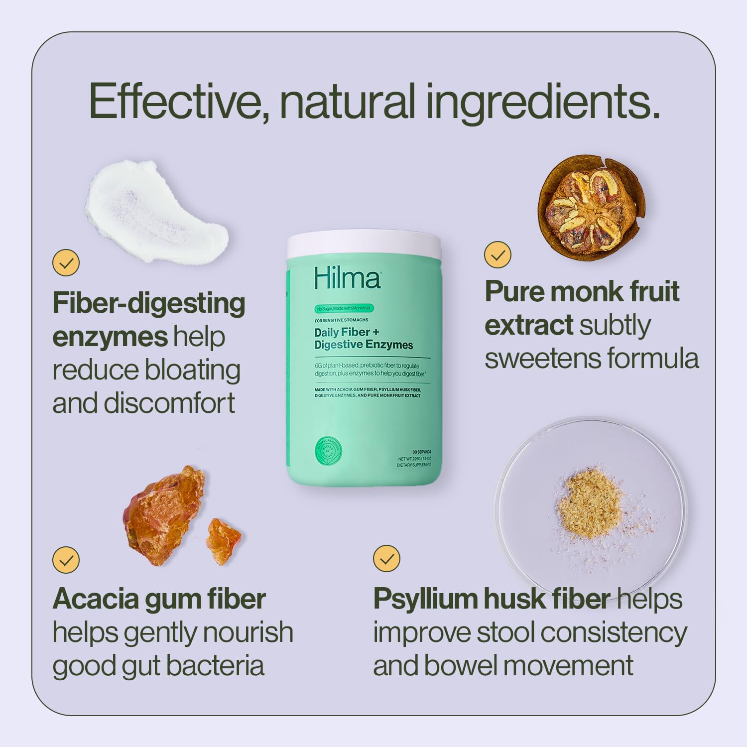 Hilma etiqueta ingredientes listando fibra y enzimas digestivas