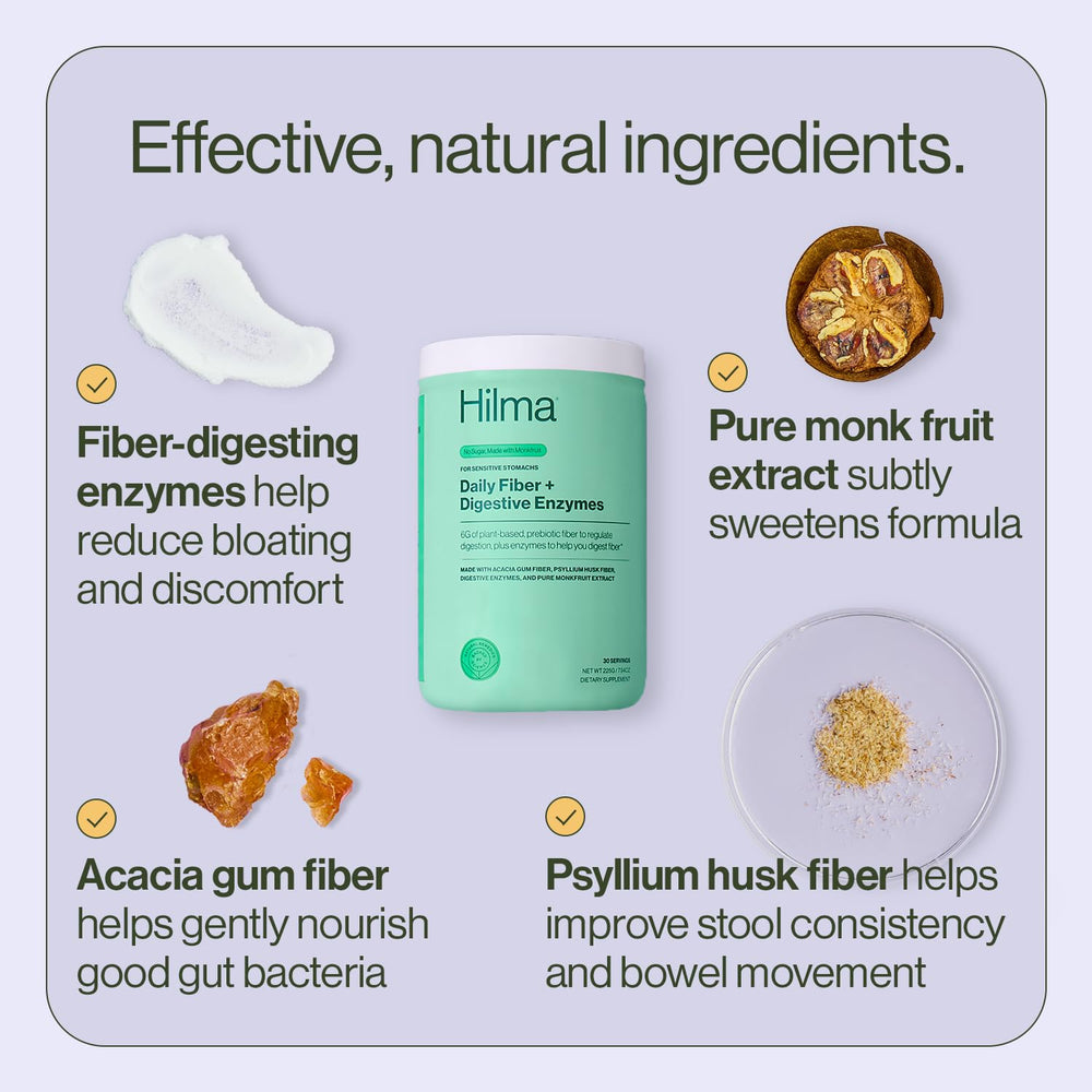 Hilma etiqueta ingredientes listando fibra y enzimas digestivas