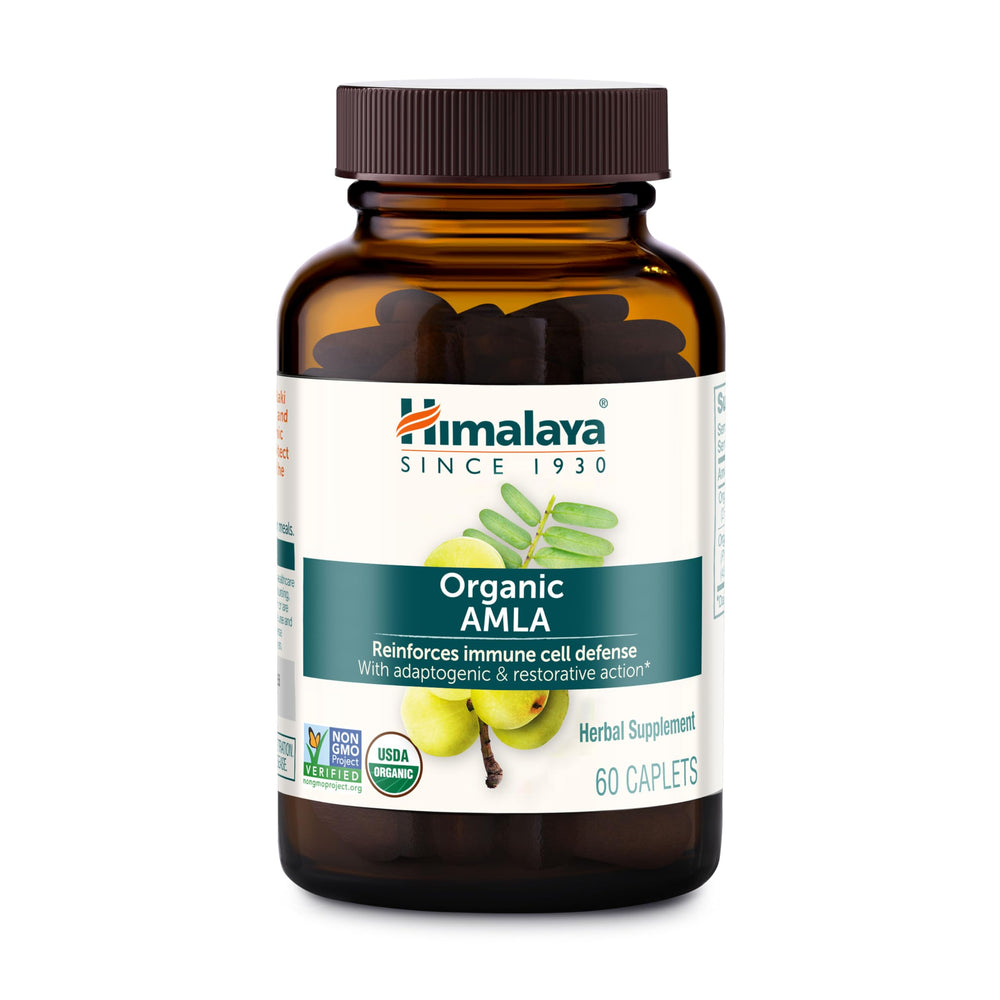 Himalaya frasco frontal mostrando 60 caplets y sello USDA Organic ventaja práctico