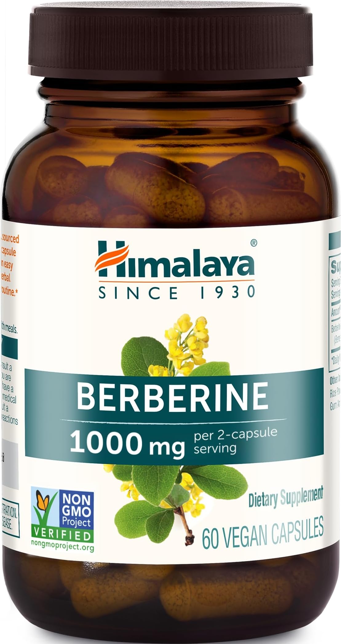 Himalaya frasco frontal del suplemento berberine mostrando 60 cápsulas y beneficios