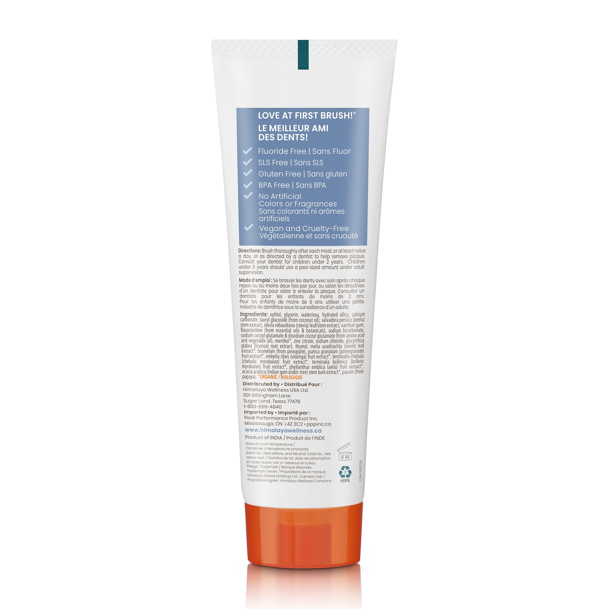 Himalaya detalle del tubo y etiqueta que indica ingredientes botánicos y claridad