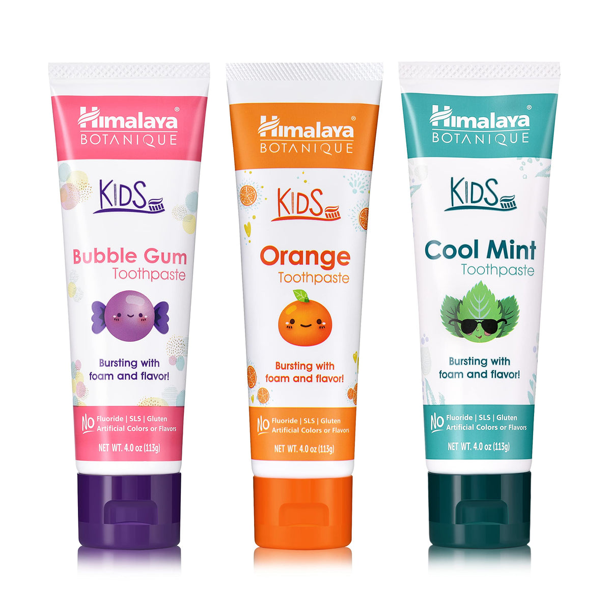 Himalaya frente del paquete Kids mostrando los tres sabores y beneficios suaves