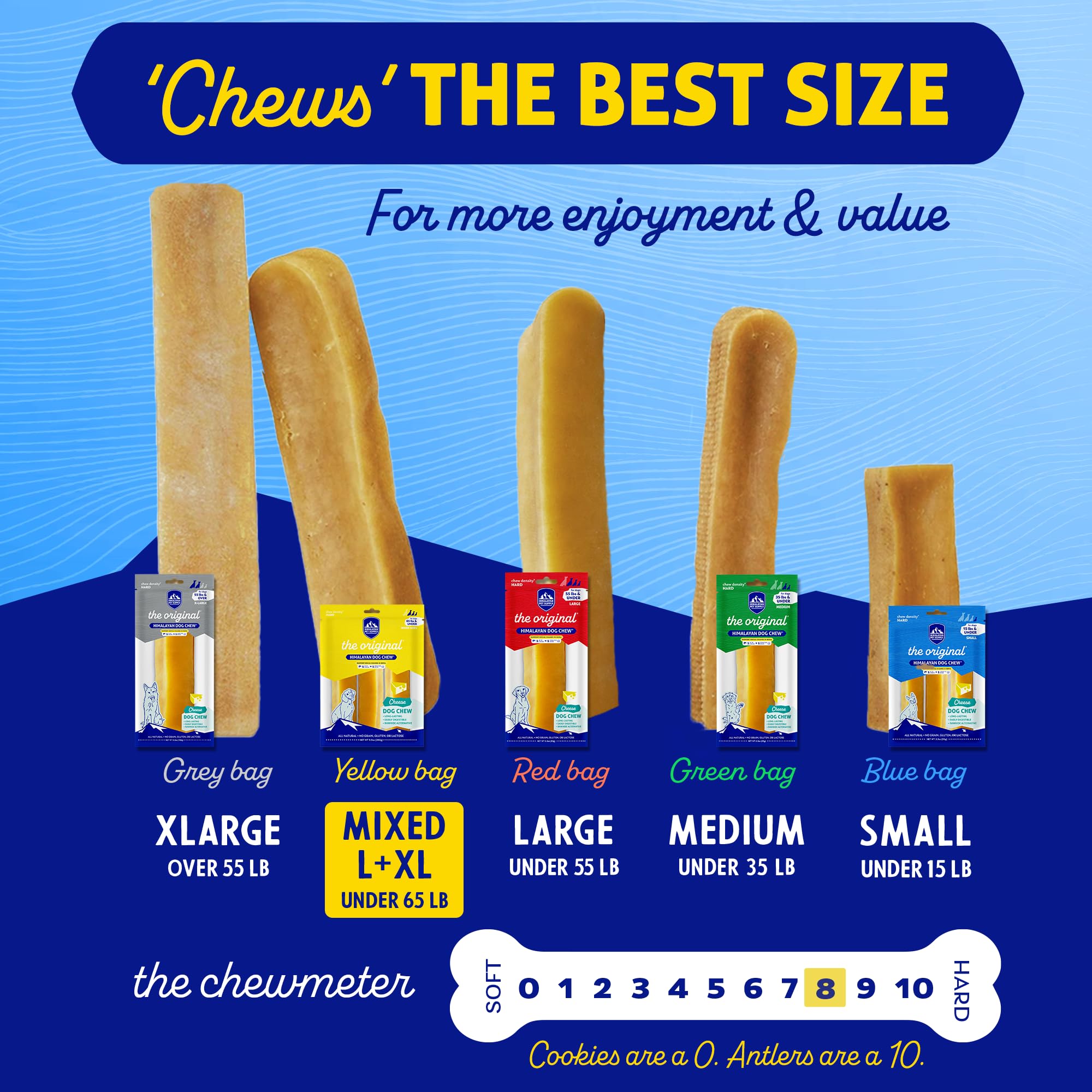 Himalayan Dog Chew cinco palitos dispuestos, variedad de formas y colores naturales