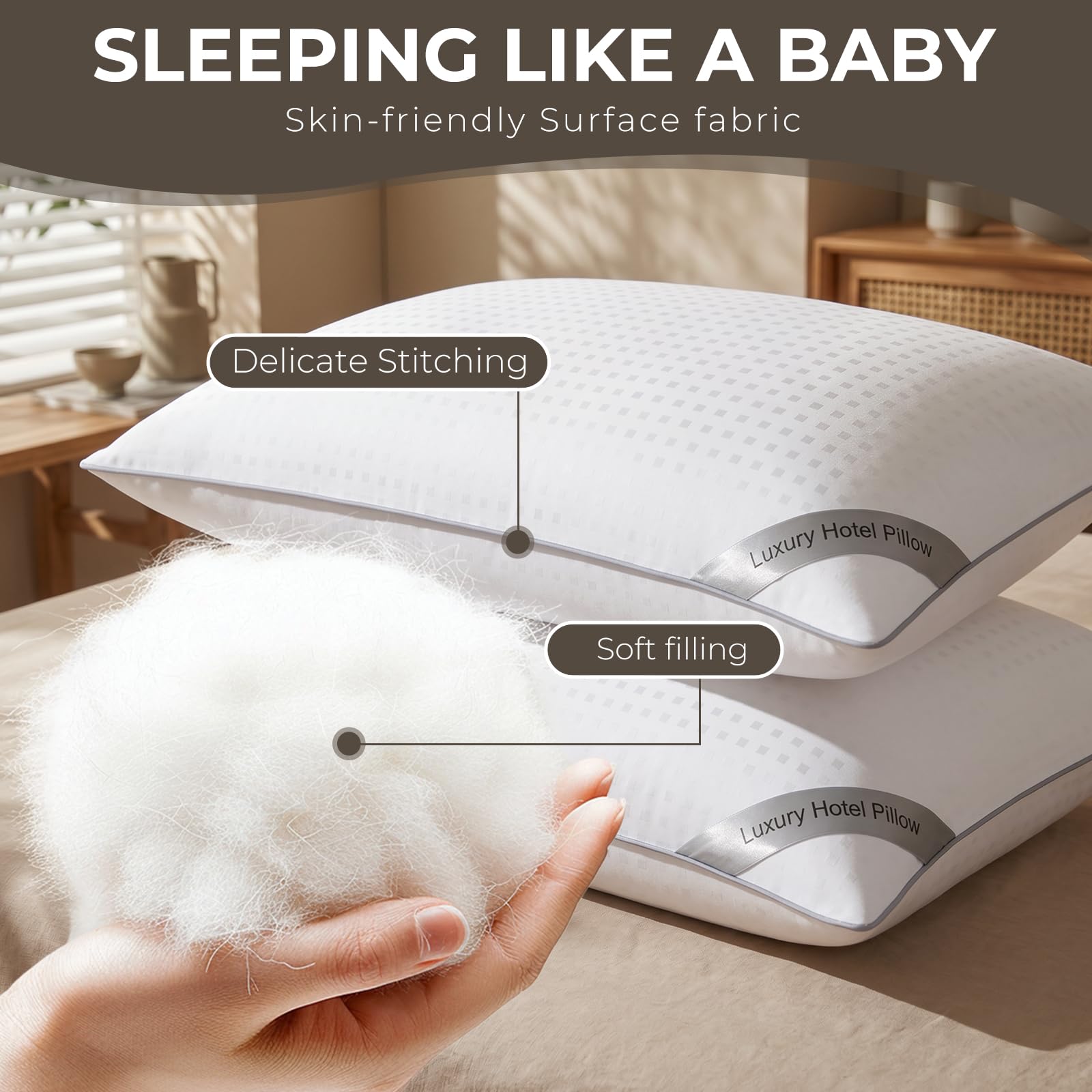 HIMOON almohada en uso sobre cama decorada, soporte ergonómico para dormir cómodo