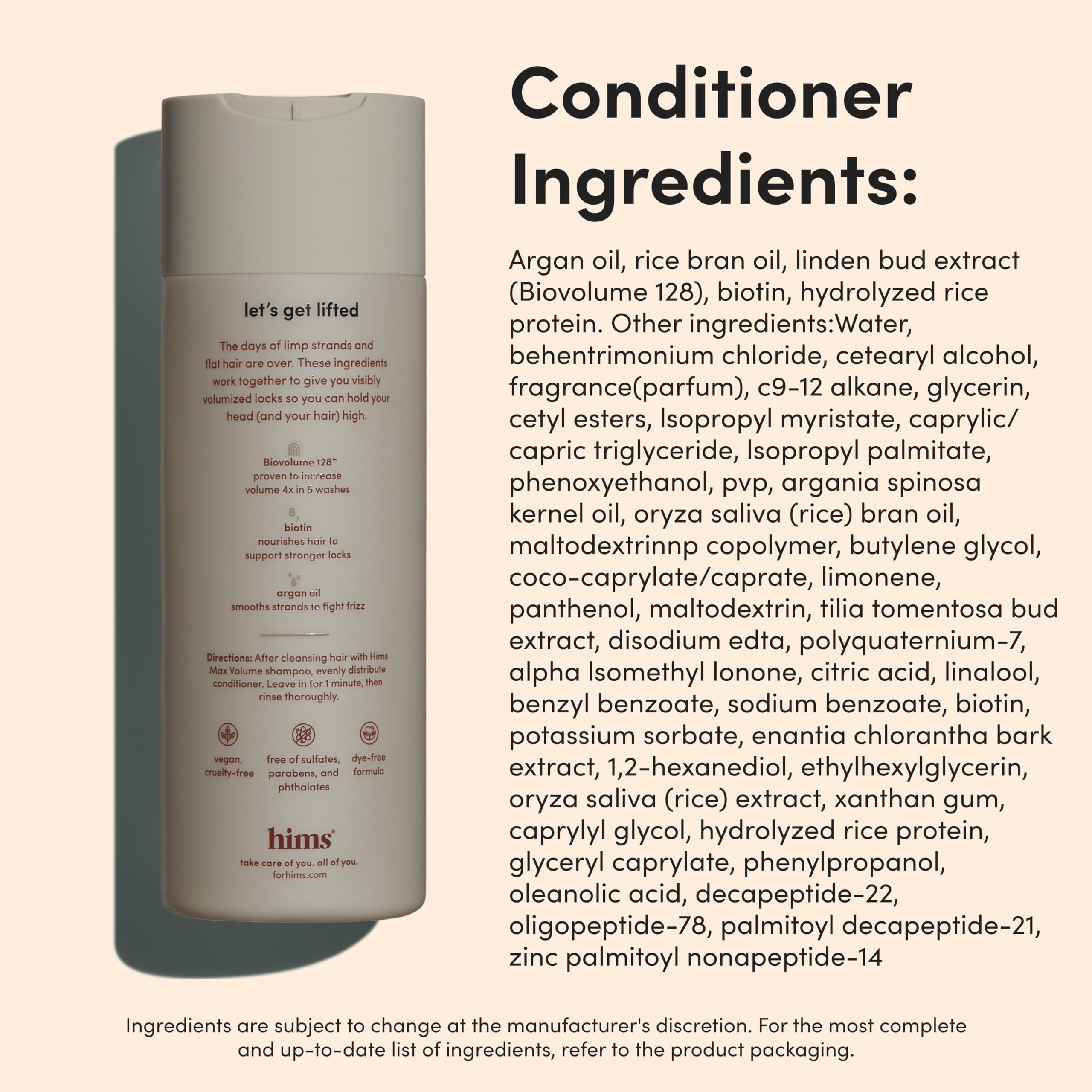 hims etiqueta con ingredientes clave Biovolume 128 y libre de sulfatos