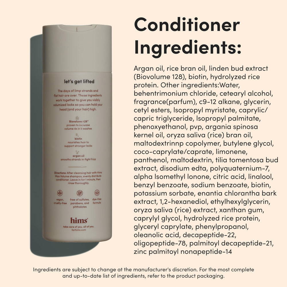 hims etiqueta con ingredientes clave Biovolume 128 y libre de sulfatos