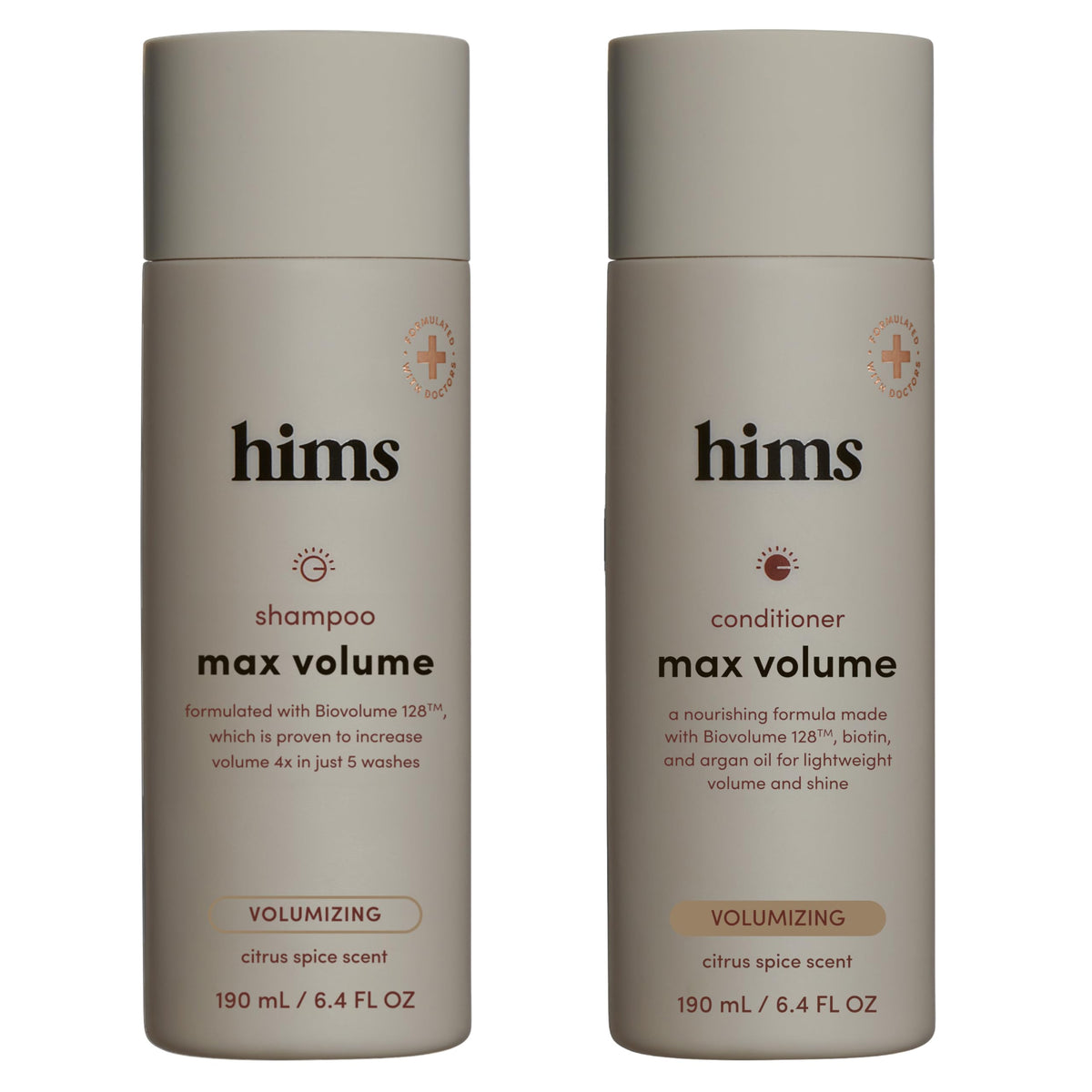 hims envases frontales del set Max Volume mostrando diseño y volumen